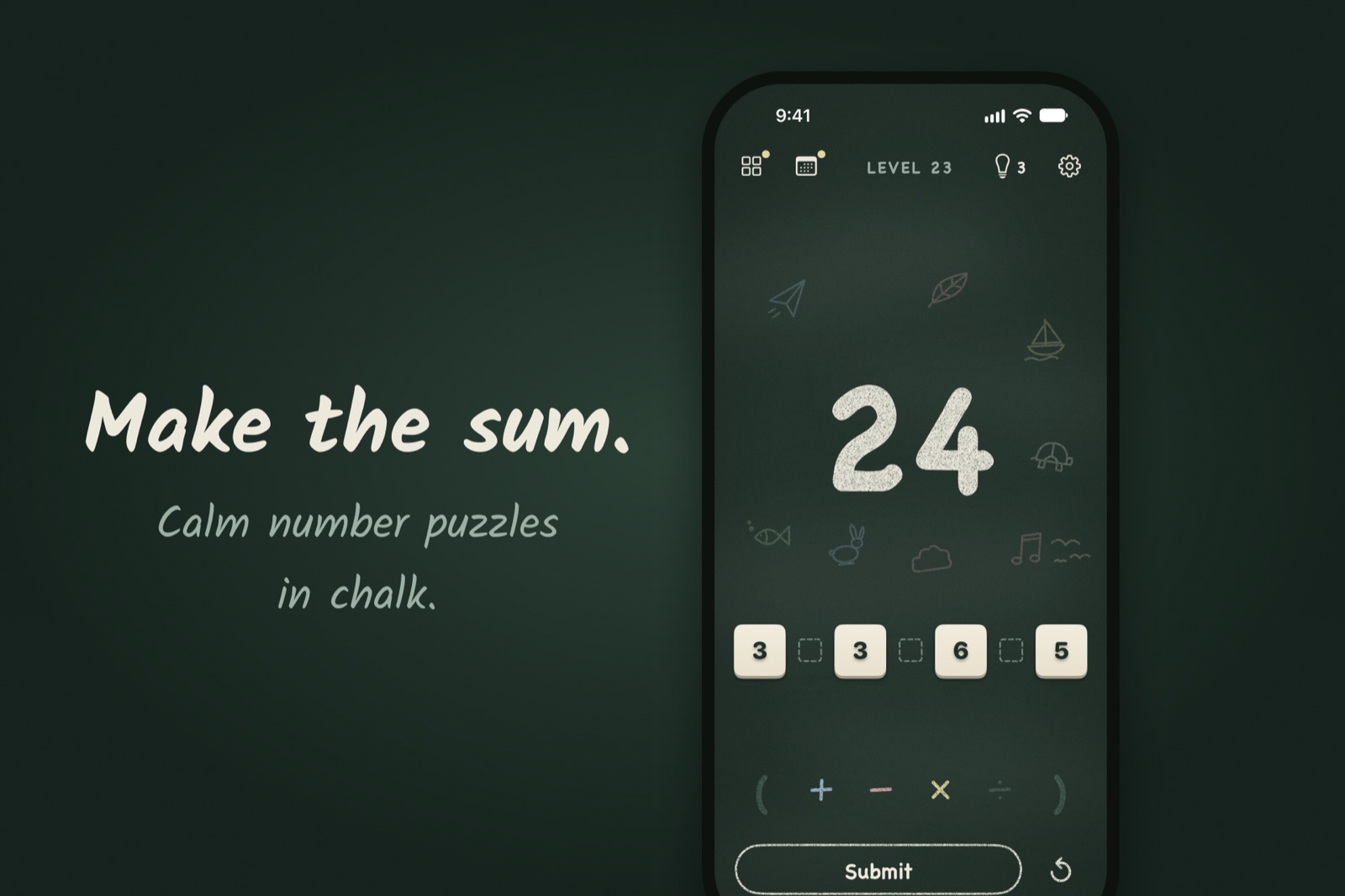 Make the sum: calm number puzzles in chalk, shown on an iPhone chalkboard.