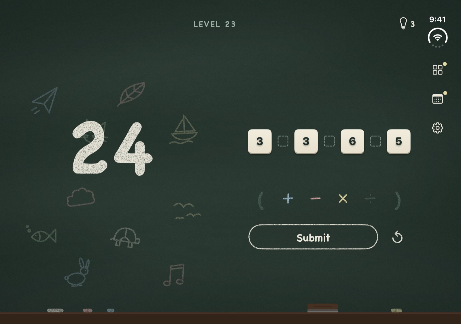 Chalk & Sum on iPhone Duo: the target on the left page and the tiles, operators and Submit on the right page.